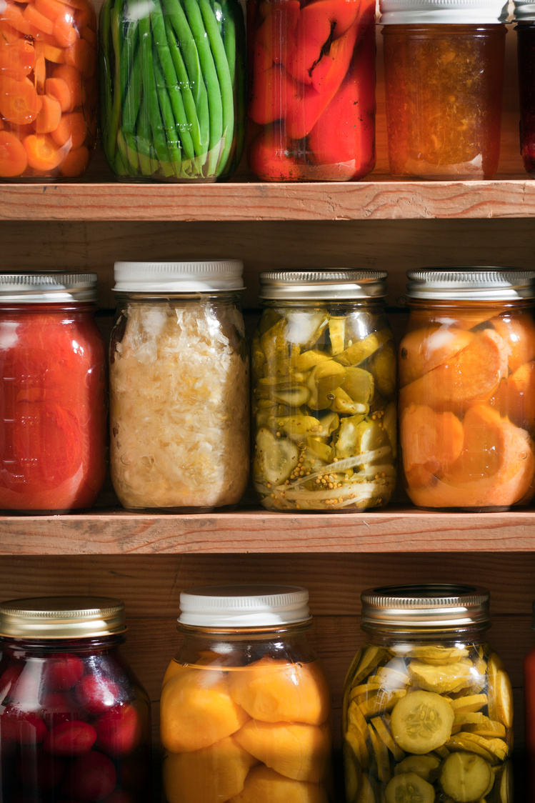 Canning Jars of Canned Food on Shelves, Preserved Vegetable Storage